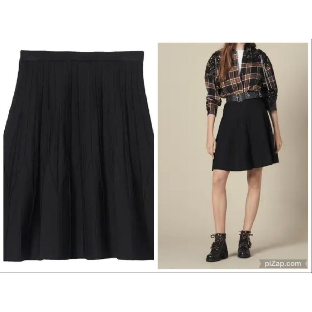 SANDRO Paris 3/ US 8 Rib Knit Sweater Skirt Pleated A Line Flare Black Pull On